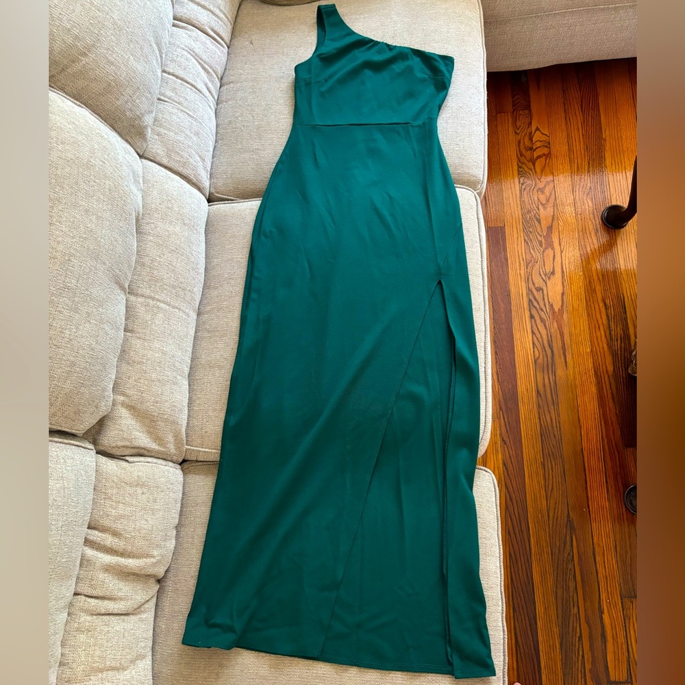 Hunter green maxi dress , one shoulder